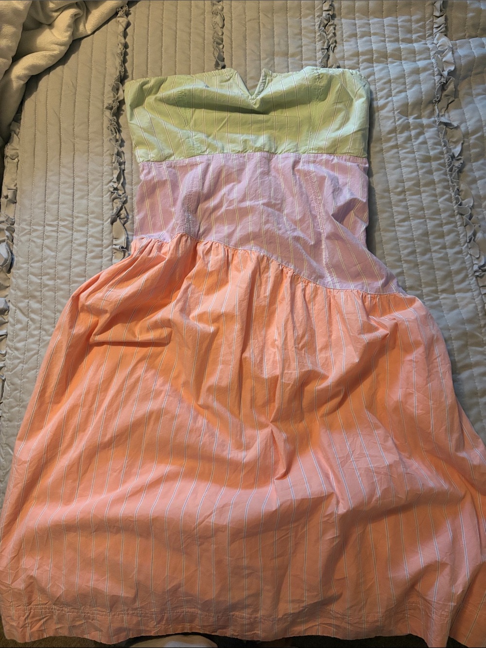 Maeve Strapless Colorblock Midi Dress in Green, Pink & Peach